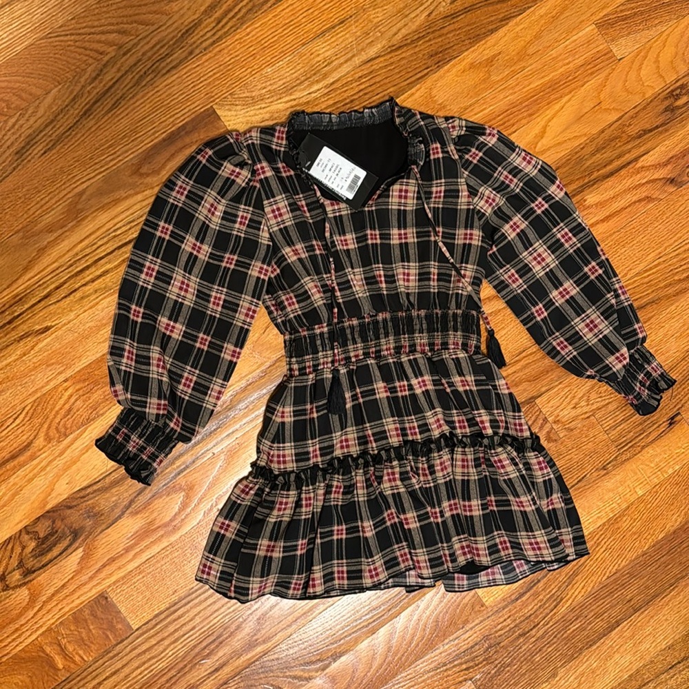 FBZ Black / Red / Tan Plaid Cinched Waist Dress with Tassle